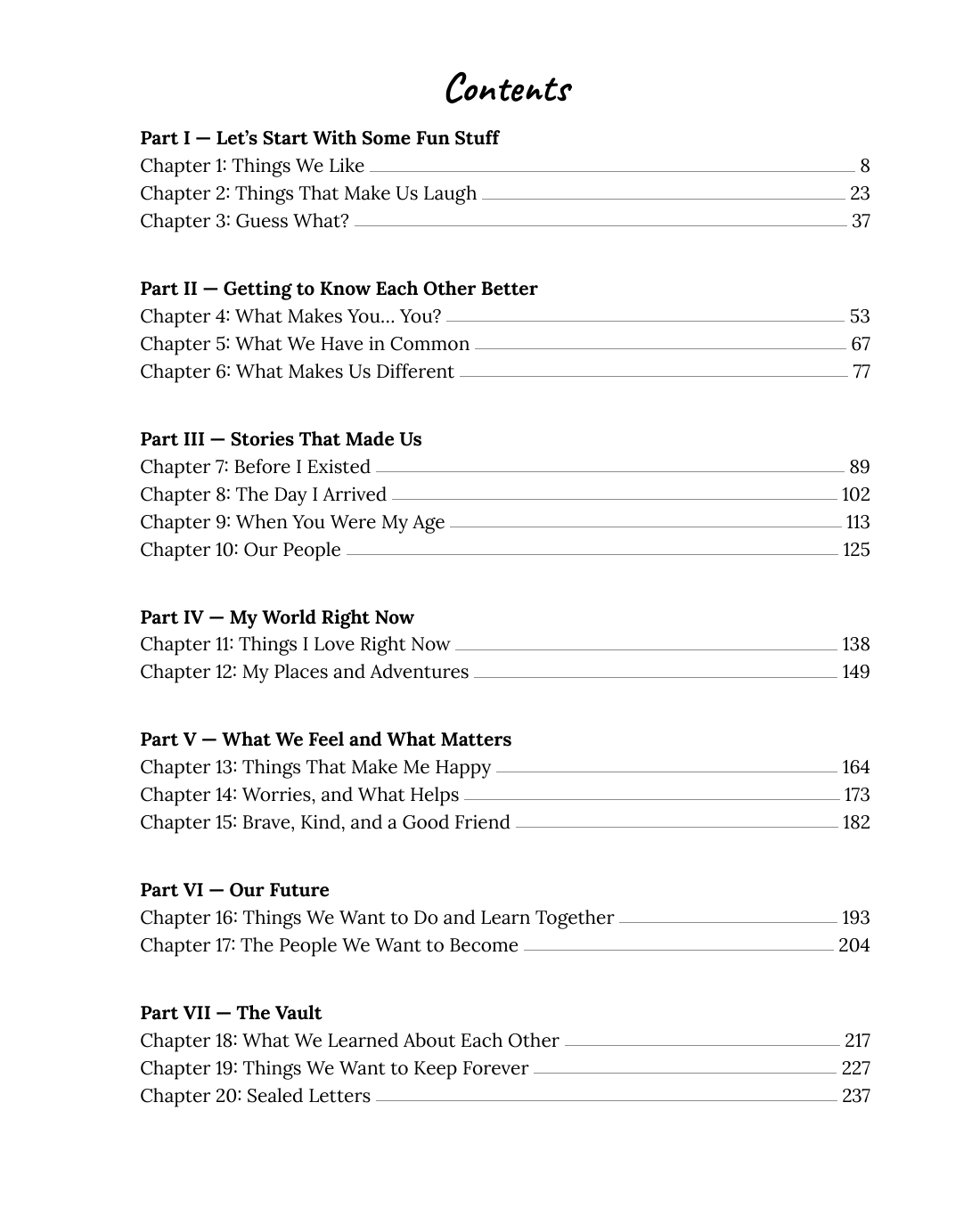 The contents page: seven parts and twenty chapters